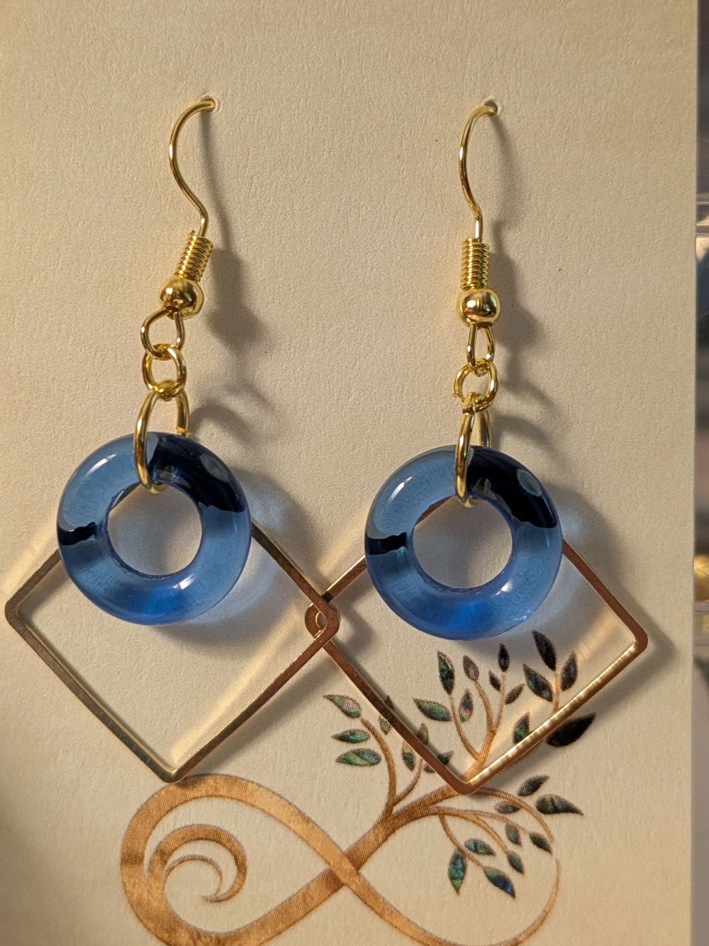 Gold-Accent Sapphire Blue Glass Hoop & Square Drop Earrings